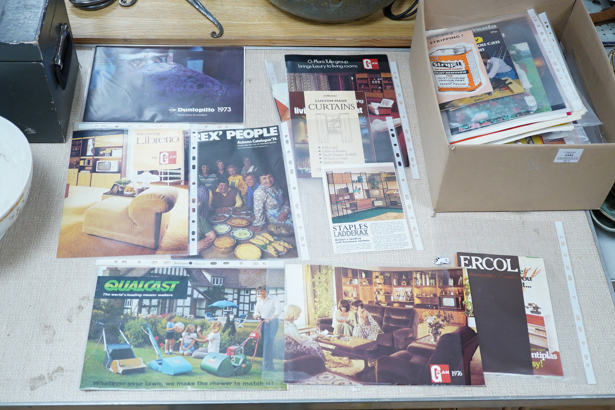 A collection of 1970s advertising booklets for G Plan, Ladderax, Qualcast, Pyrex, etc.